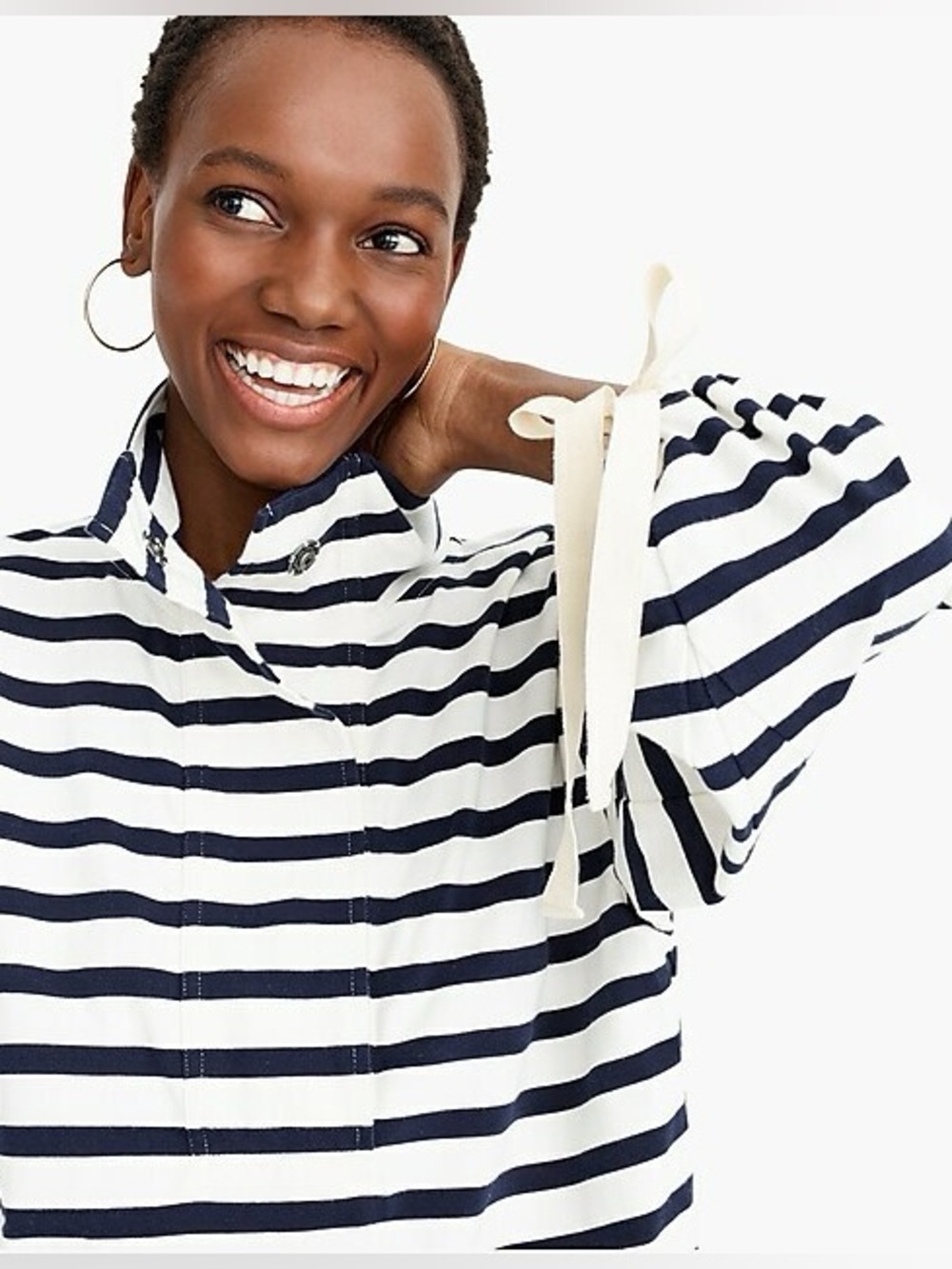 J. Crew Navy White Striped Snap Neck Knit Nautical 3/4 Tie Sleeve Pullover M - Picture 2 of 12